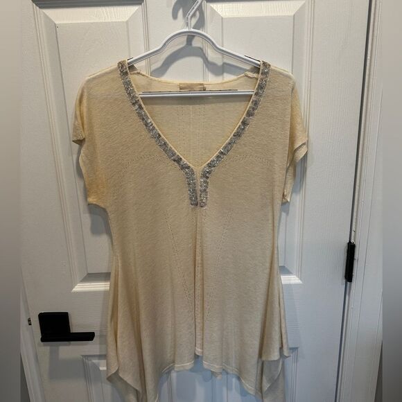 M.O.L  Knits Cream with sequins V-Neck Women’s Tunic Top - Picture 2 of 12
